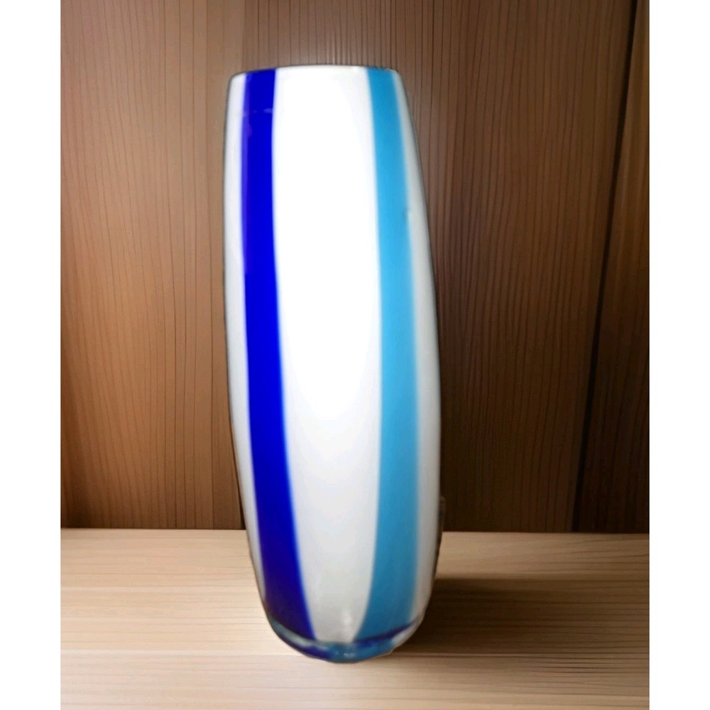 Studio Hand Blown Art Glass Vase White Cased & Cobalt Blue  Stripe 10"
